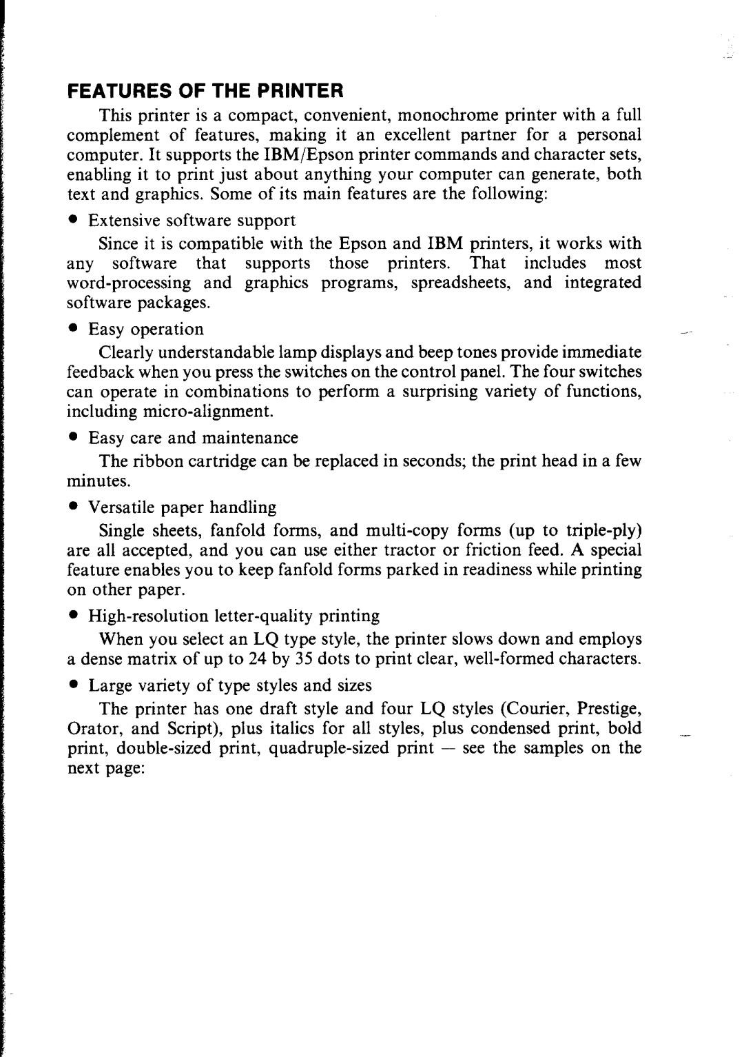 Star Micronics NX-2400 user manual Features of the Printer 