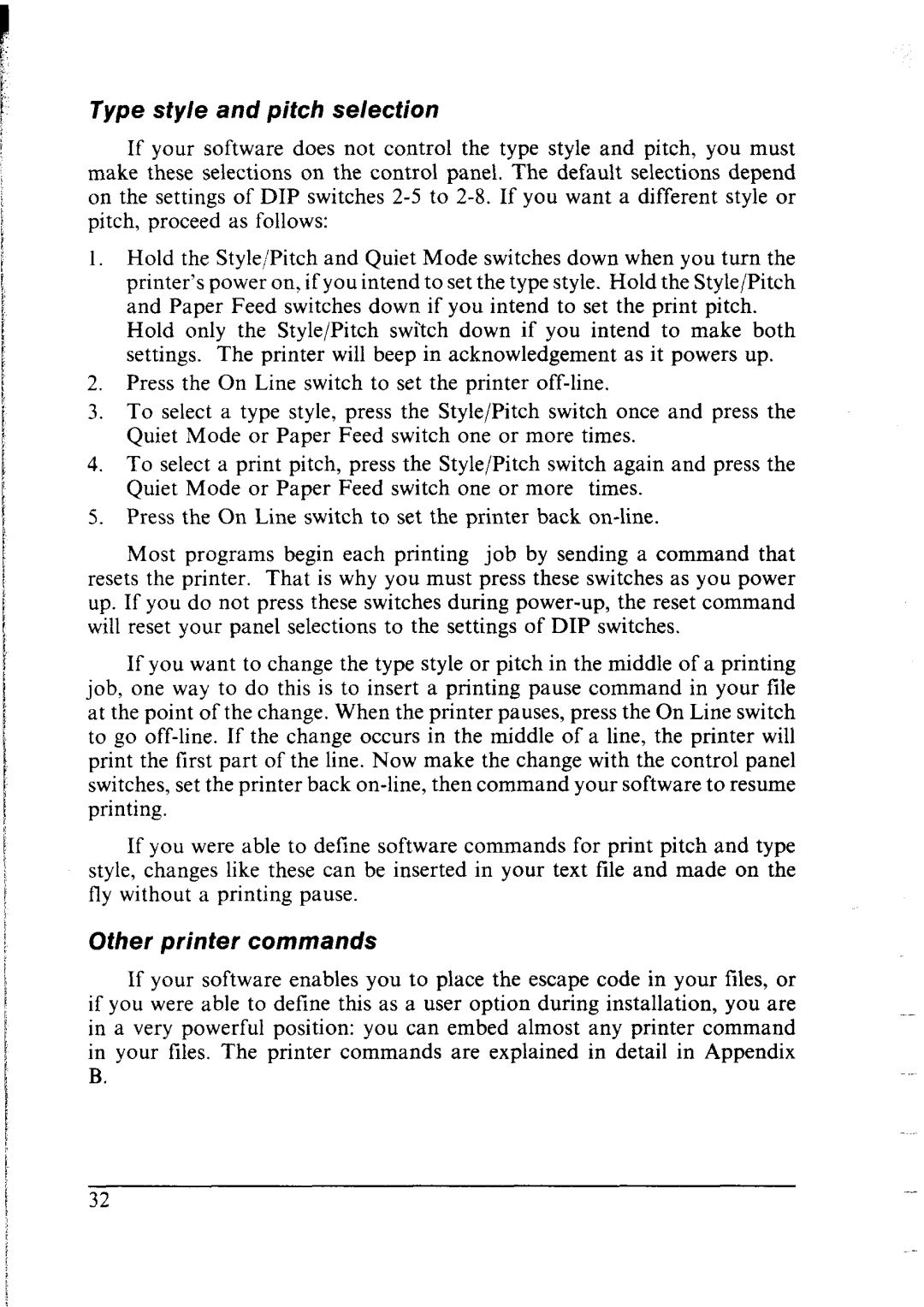 Star Micronics NX-2400 user manual Type sty/e and pitch selection 