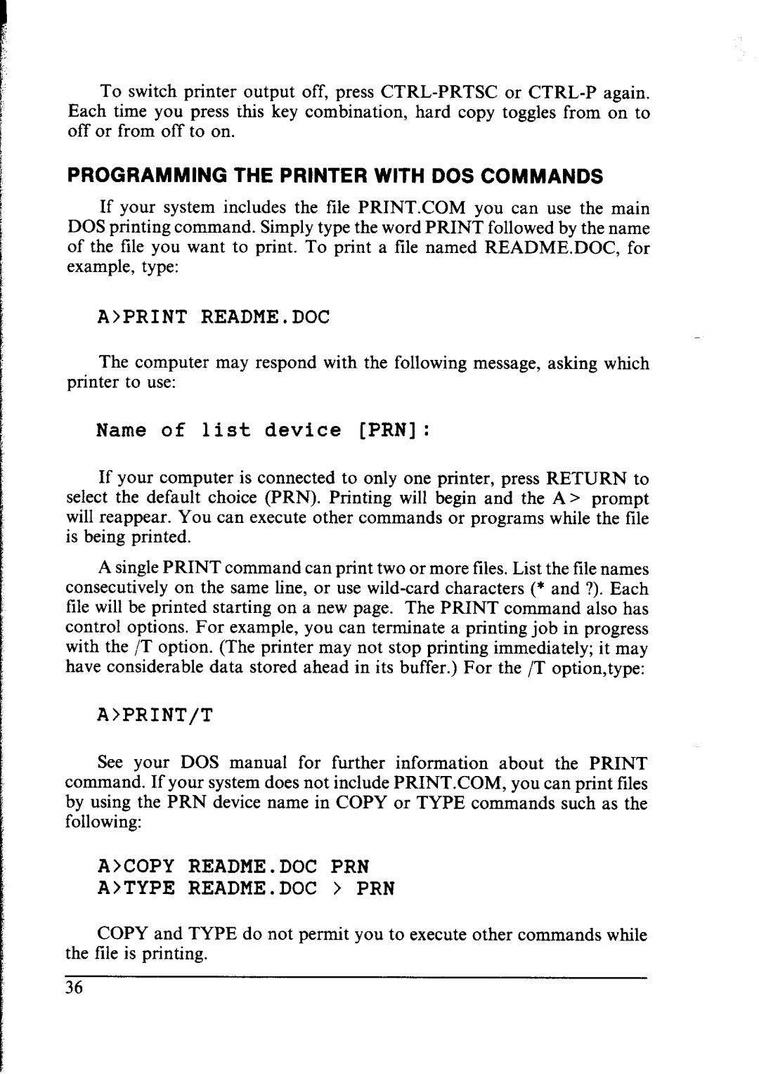 Star Micronics NX-2400 user manual Name of list device PRN, Programming the Printer with DOS Commands 