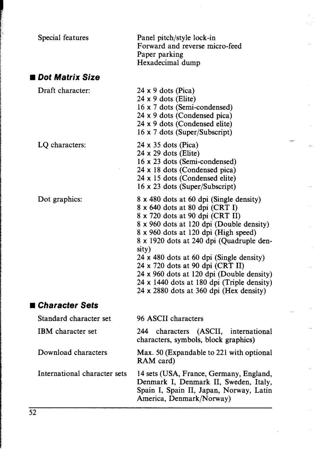 Star Micronics NX-2400 user manual Character Sets, Dot Matrix Size 