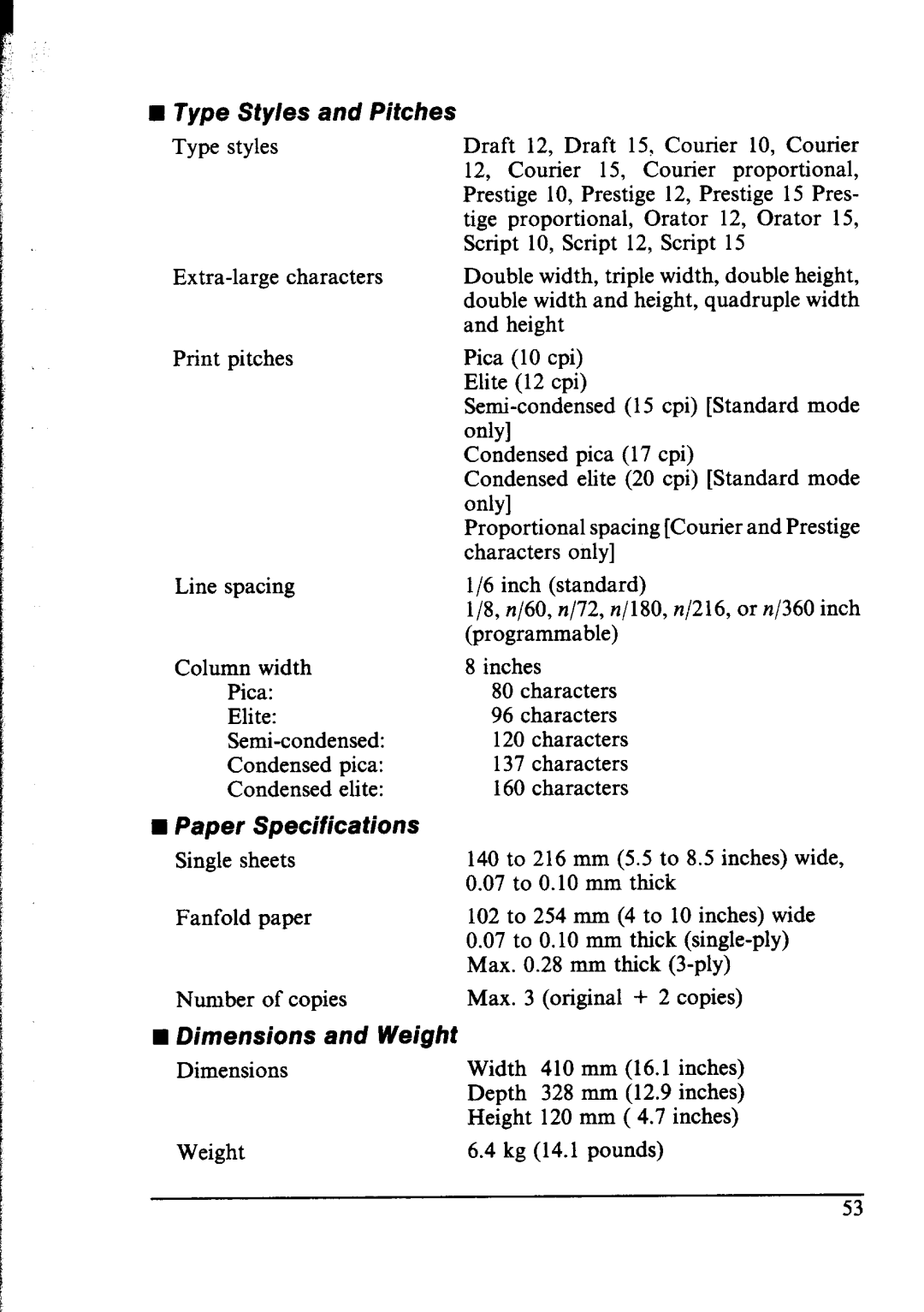 Star Micronics NX-2400 user manual Type Sty/es and Pitches, Paper Specifications, Dimensions and Weight 