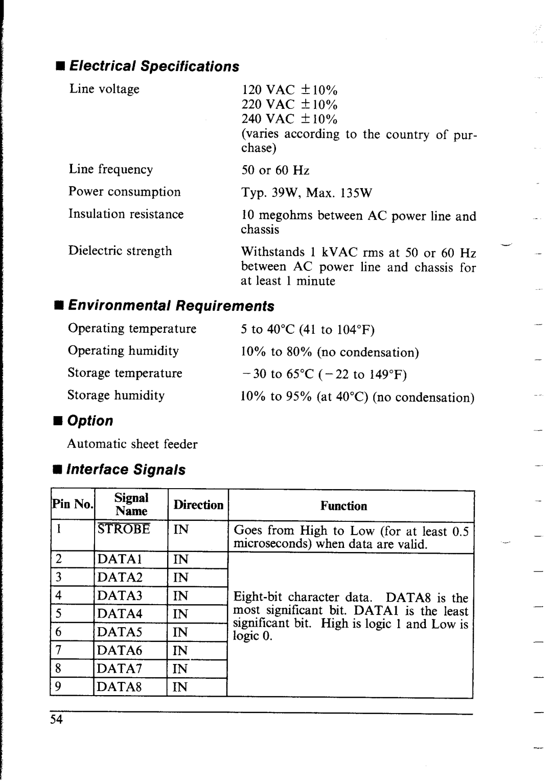 Star Micronics NX-2400 user manual Electrical Specifications, Environmental Requirements, Option, Interface Signals 