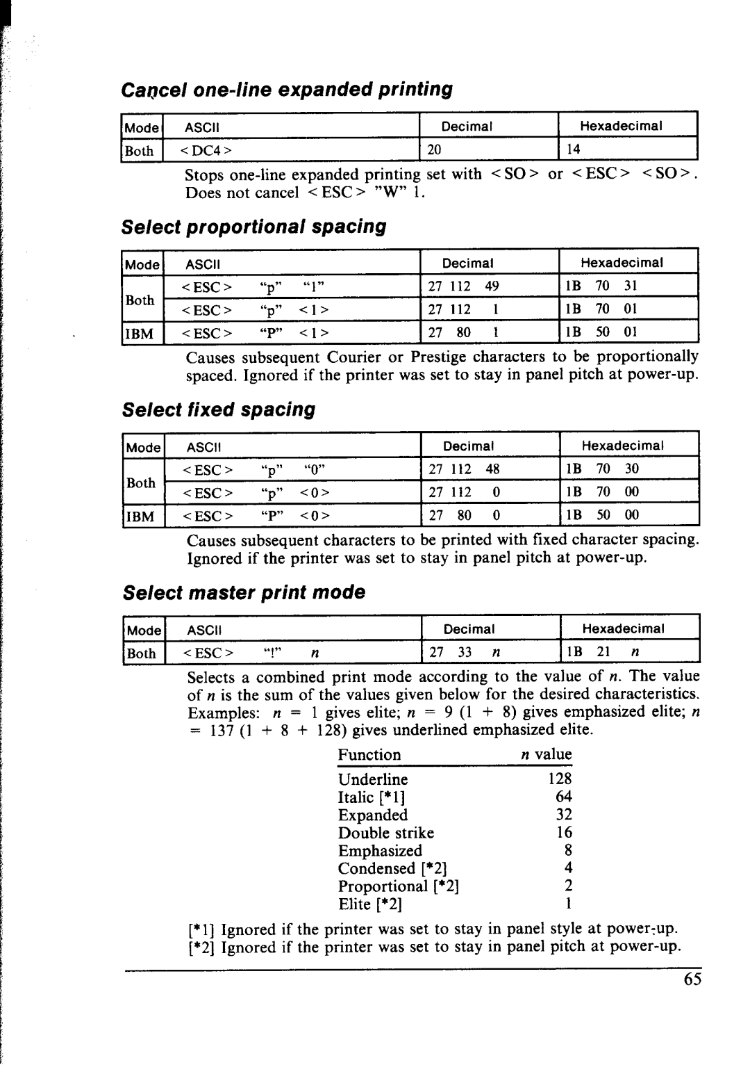 Star Micronics NX-2400 user manual Caucel one-line expanded printing, Se/ect proportional spacing, Select fixed spacing 