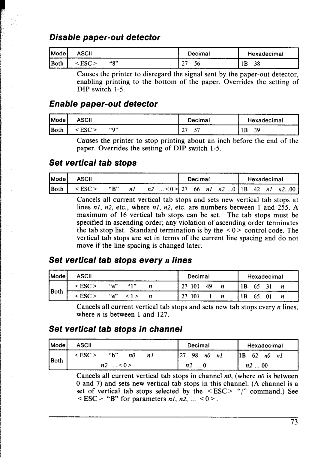 Star Micronics NX-2400 user manual Disable paper-out detector, Enable paper-out detector, Set vertical tab stops 