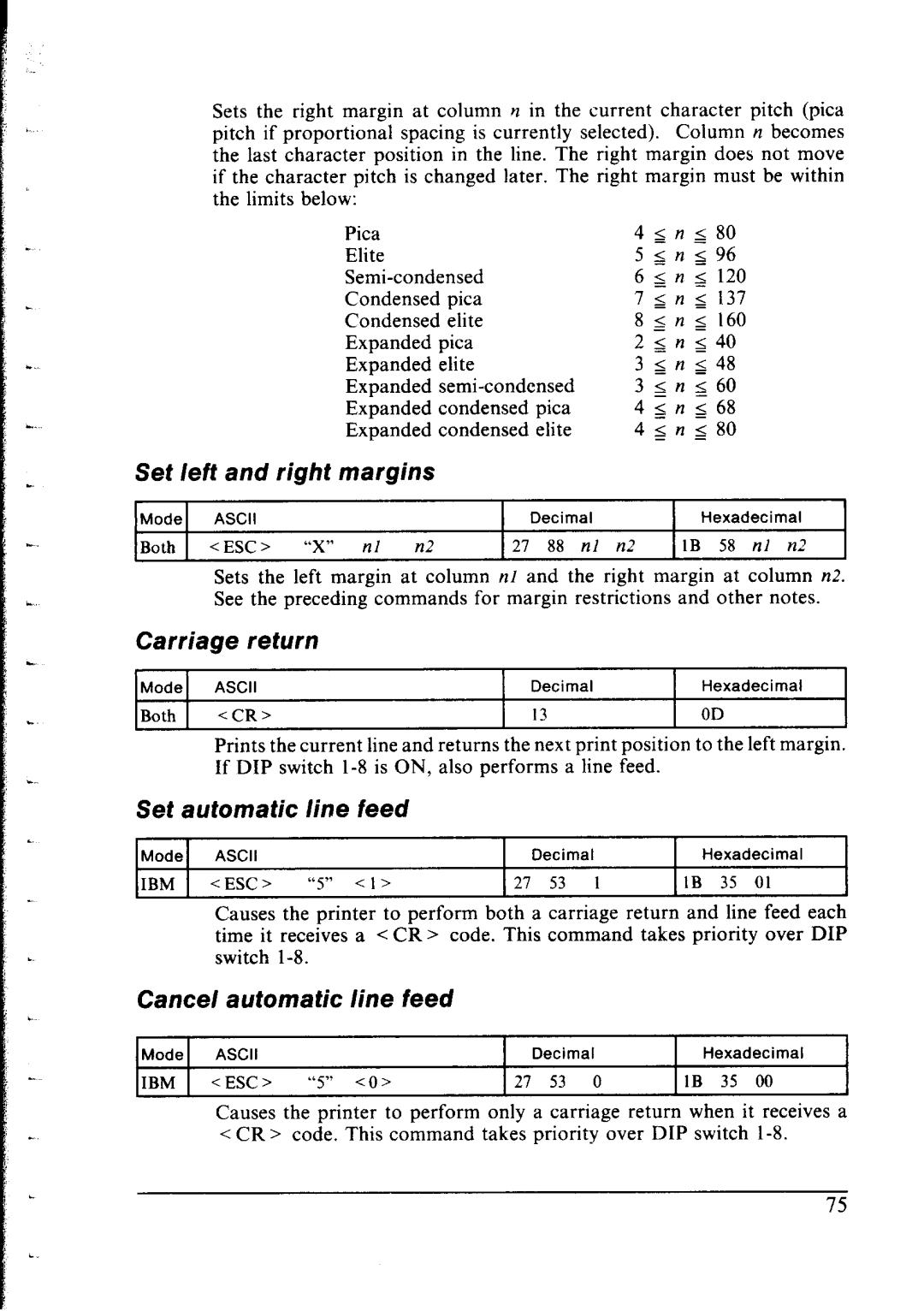 Star Micronics NX-2400 Set left and right margins, Carriage return, Set automatic Line feed, Cancel automatic line feed 