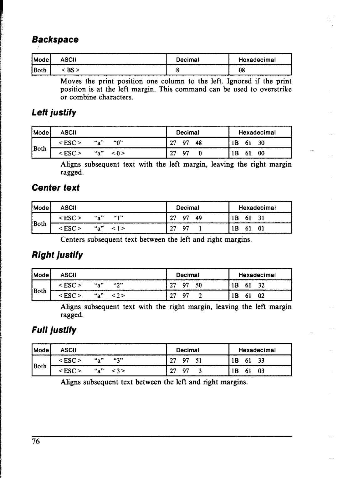 Star Micronics NX-2400 user manual Backspace, Leff justify, Center text, Right justify, Full justify 