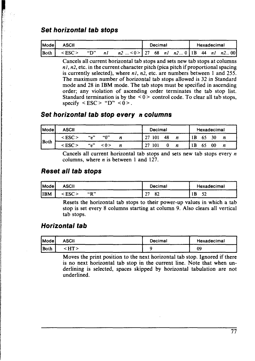 Star Micronics NX-2400 user manual Set horizontal tab stops, Set horizontal tab stop every n columns, Reset all tab stops 