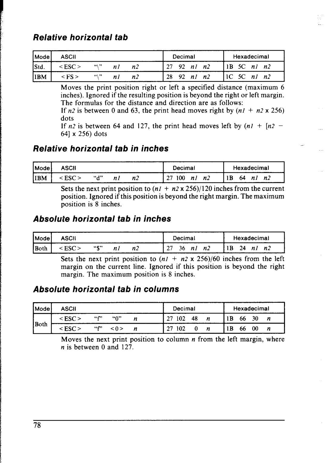 Star Micronics NX-2400 Relative horizontal Tab, Relative horizontal tab in inches, Absolute horizontal tab in inches 