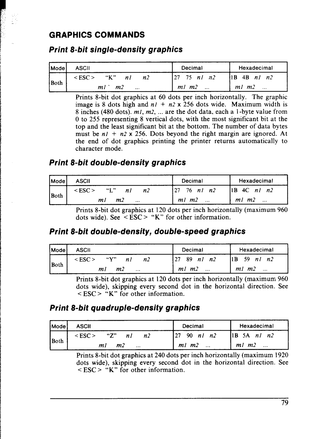 Star Micronics NX-2400 Print 8-bit single-density graphics, Print 8-bit double-density graphics, Graphics Commands 