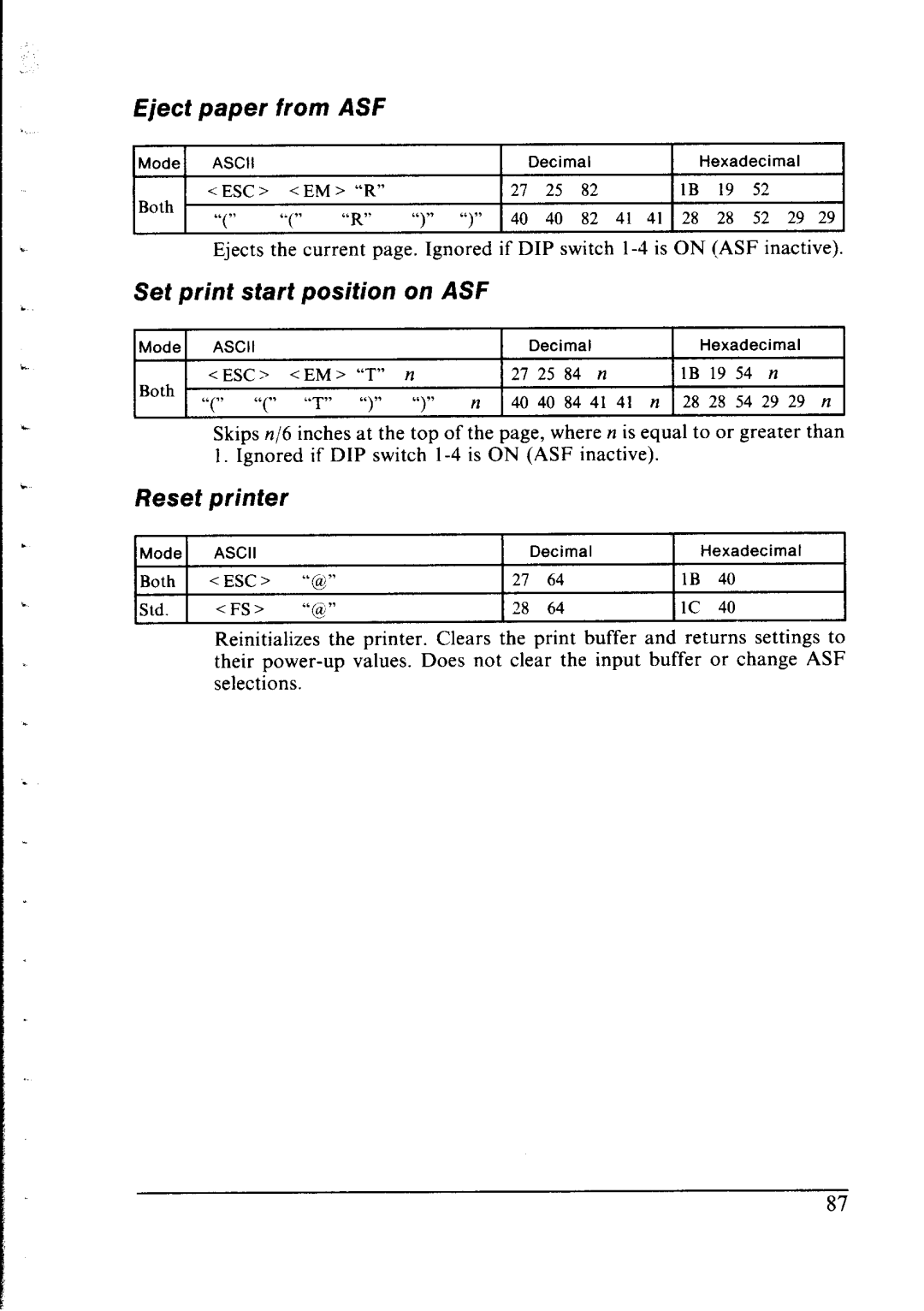 Star Micronics NX-2400 user manual Eject Paper, Set print start position on ASF, Reset printer 