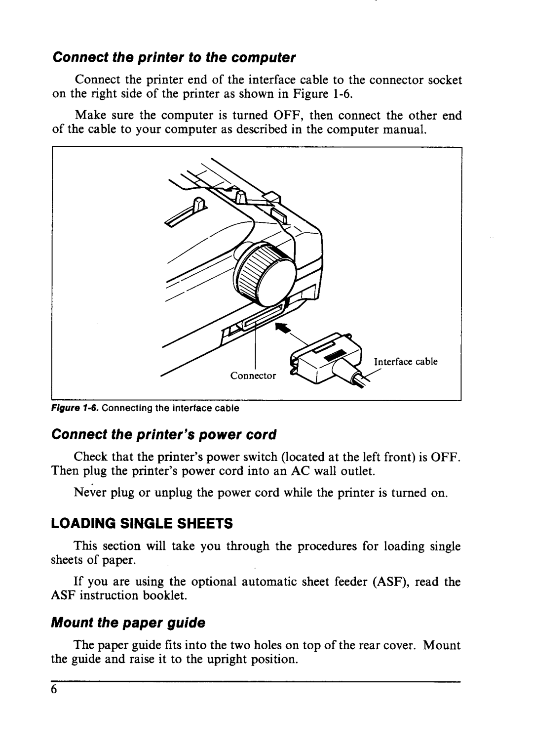 Star Micronics NX-2410 Connect the printer to the computer, Connect the printer’s power cord, Mount the paper guide 