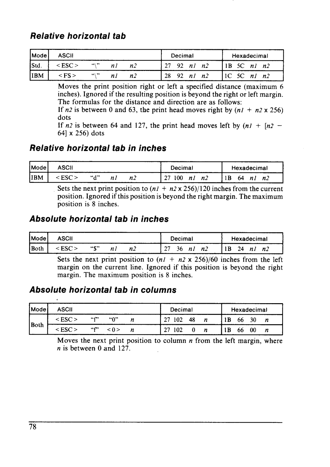 Star Micronics NX-2410 Relative horizontal Tab, Relative horizontal tab in inches, Absolute horizontal tab in inches 