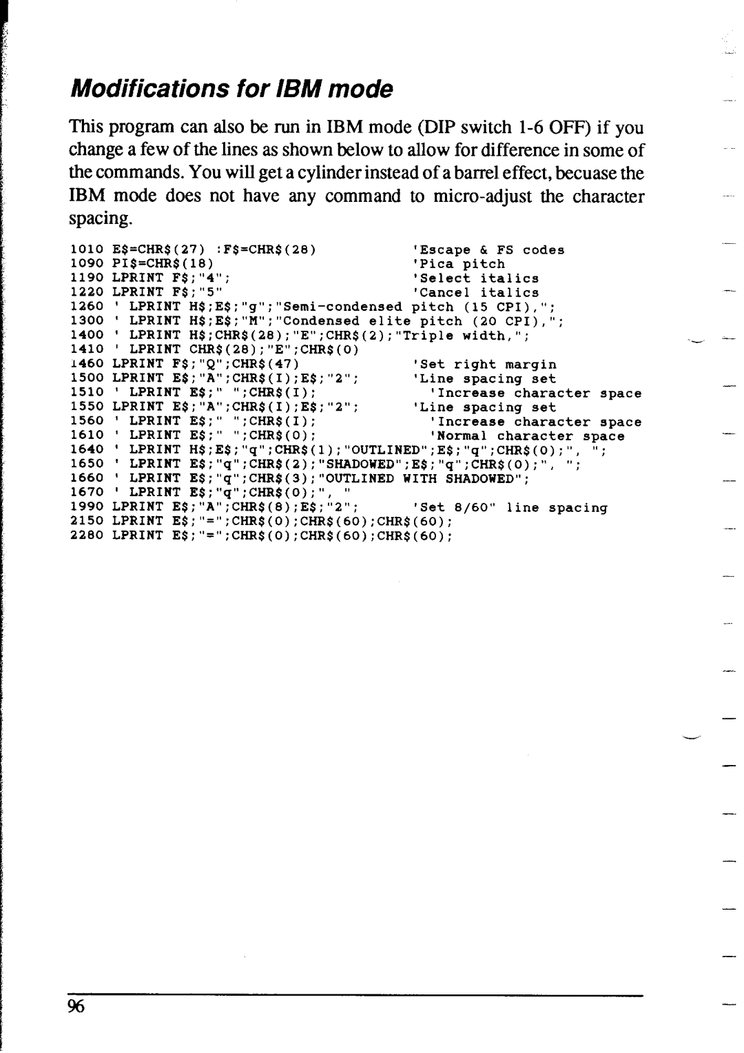 Star Micronics NX-2415 user manual Modifications for IBM mode, Lprint CHR$2SECHR$O 