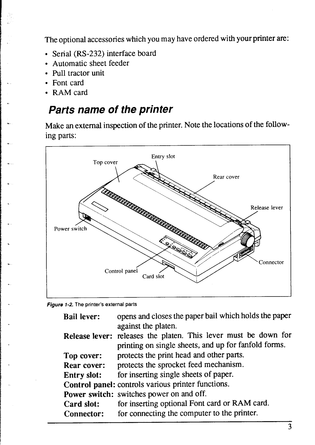 Star Micronics NX-2415 user manual Parts name of the printer, Printer’s external parts 