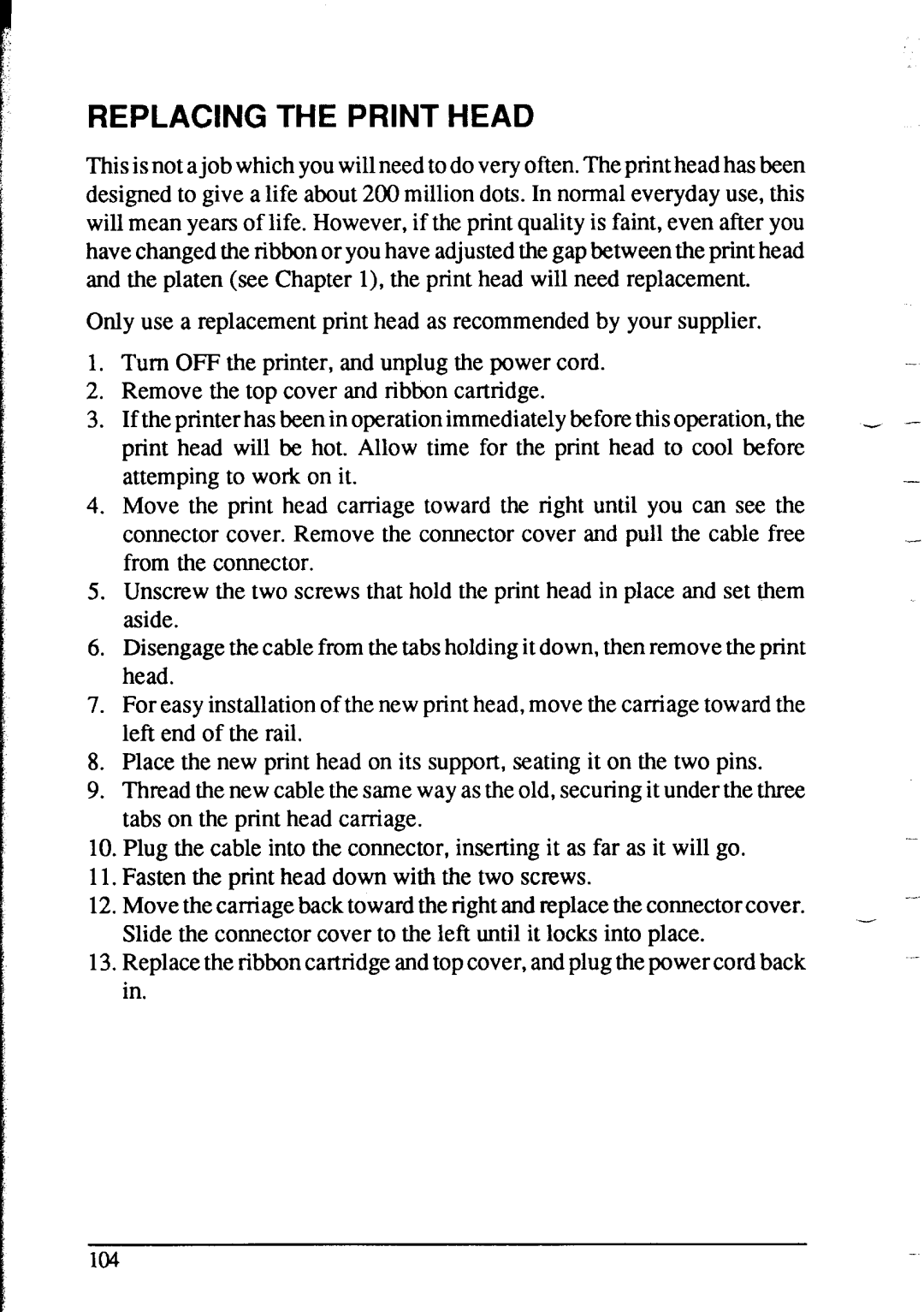 Star Micronics NX-2415 user manual Replacing the Print Head 