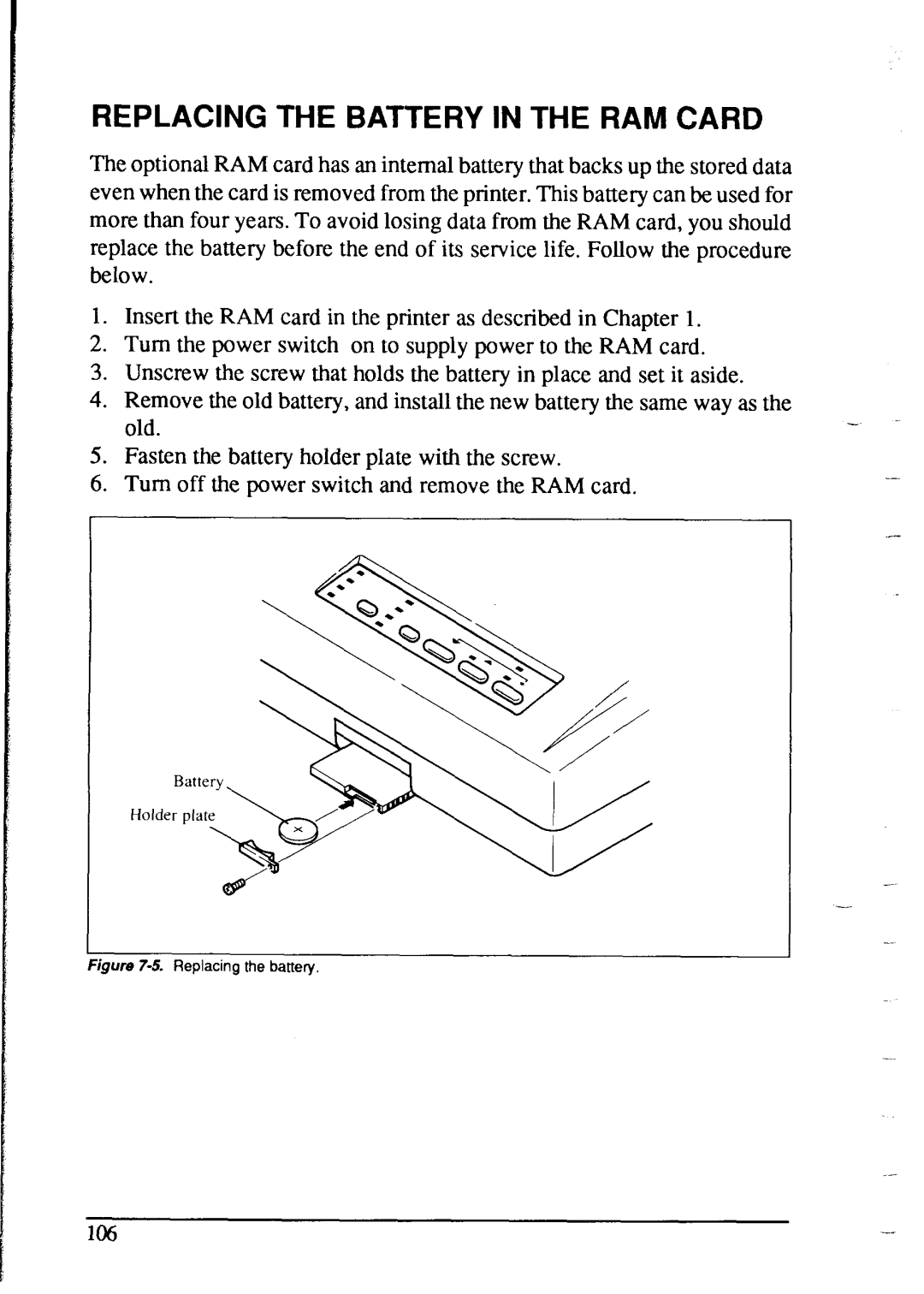 Star Micronics NX-2415 user manual Replacing the Battery in the RAM Card 