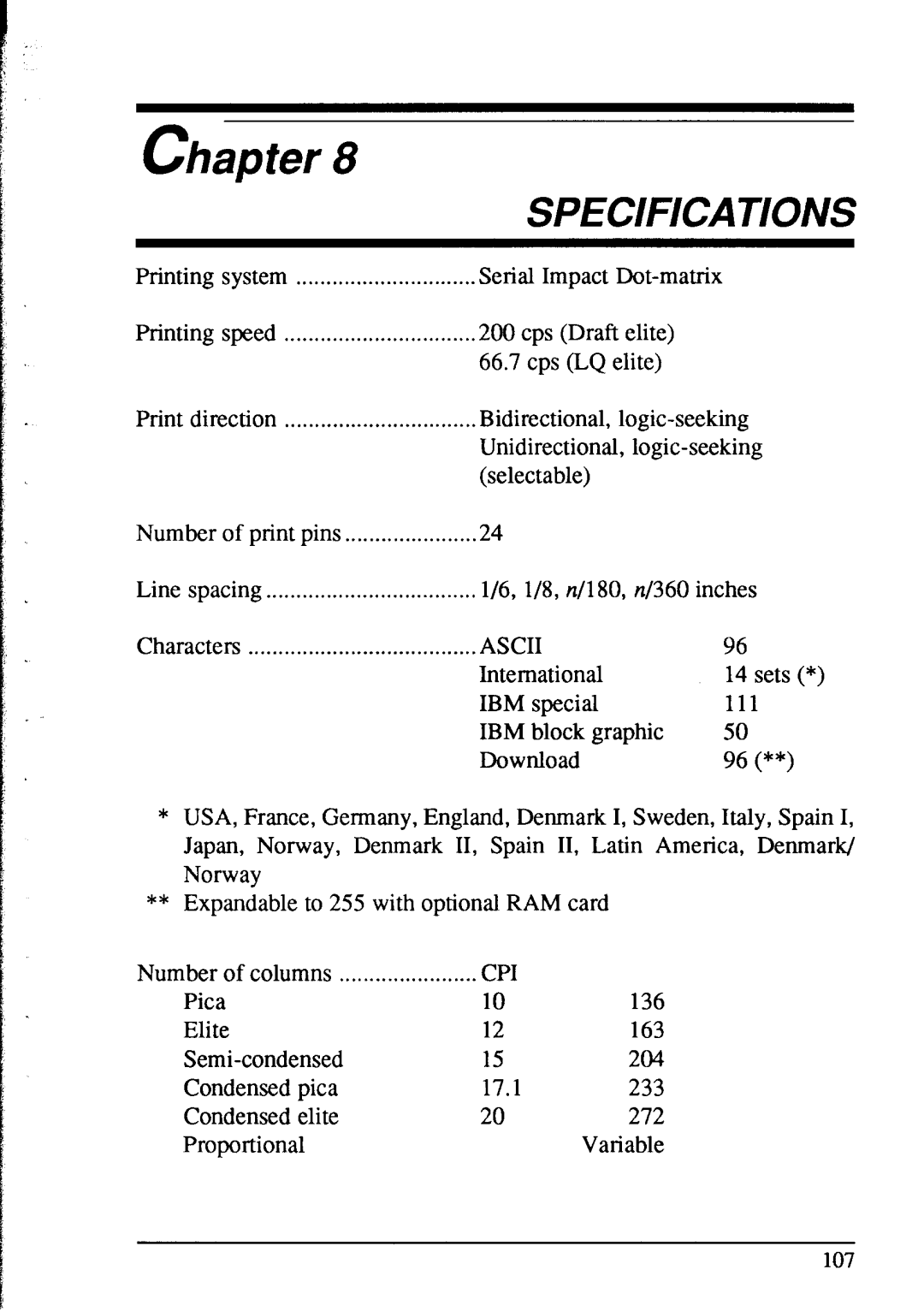 Star Micronics NX-2415 user manual Specifications 