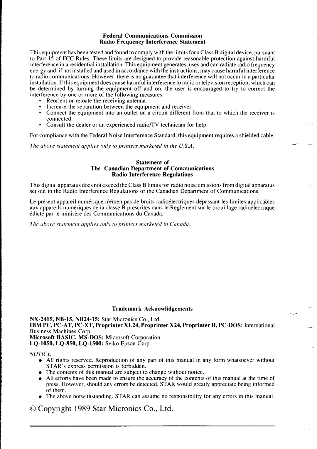 Star Micronics NX-2415 user manual Business Machines Corp 