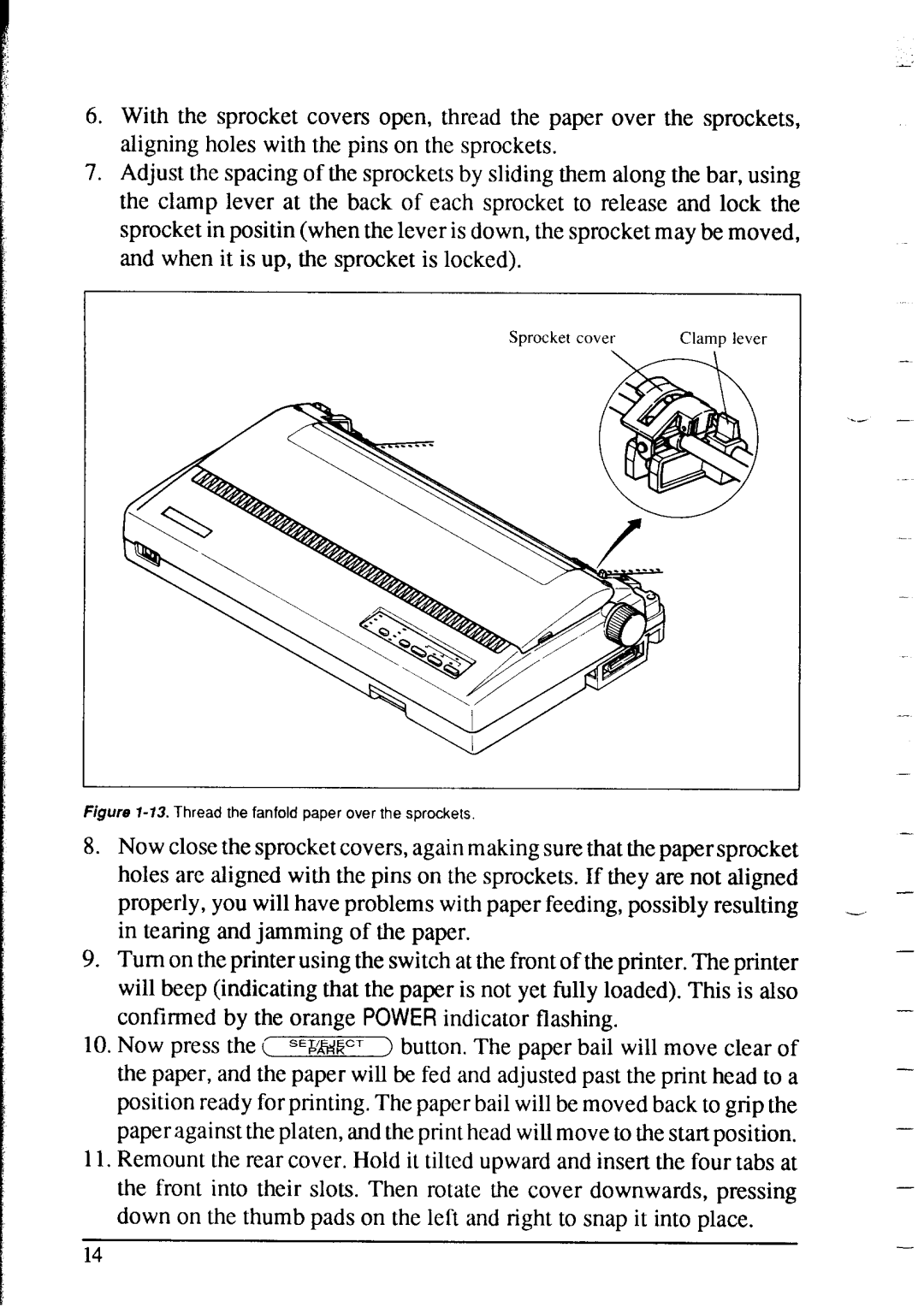 Star Micronics NX-2415 user manual Figure l-73. Thread the fanfold paper over the sprockets 