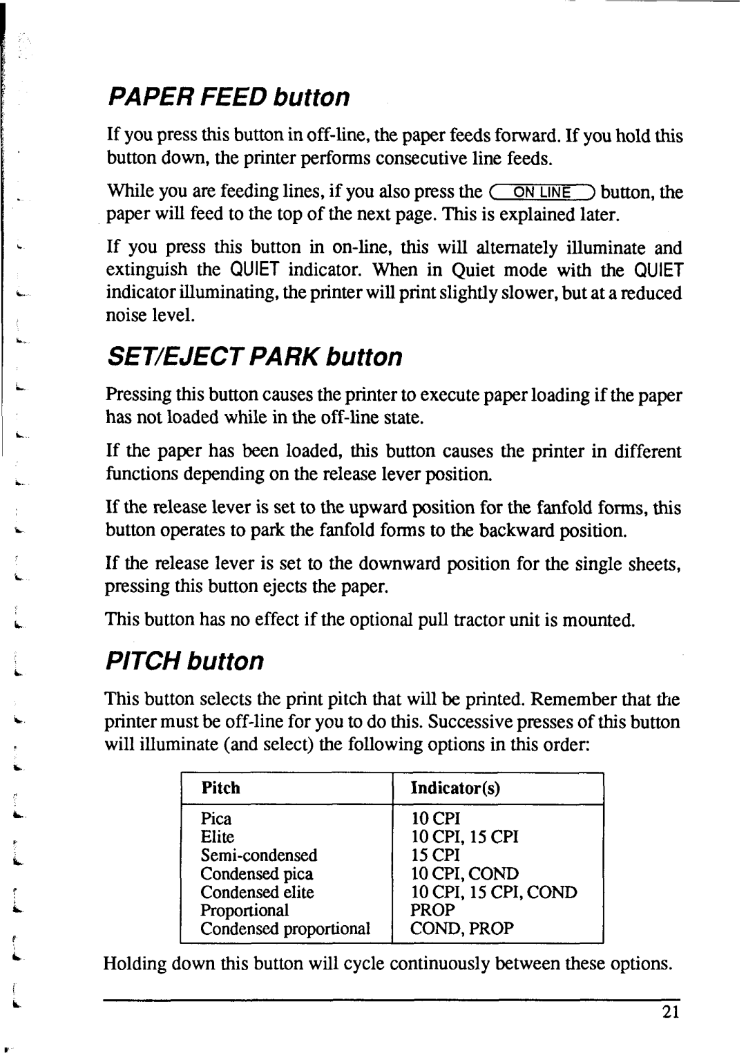 Star Micronics NX-2415 user manual Paper Feed button, SET/EJECT Park button, Pitch button 