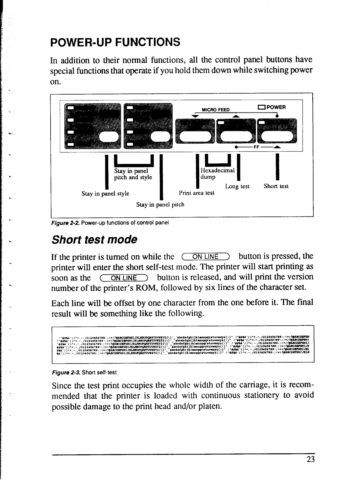 Star Micronics NX-2415 user manual Short test mode, POWER-UP Functions 