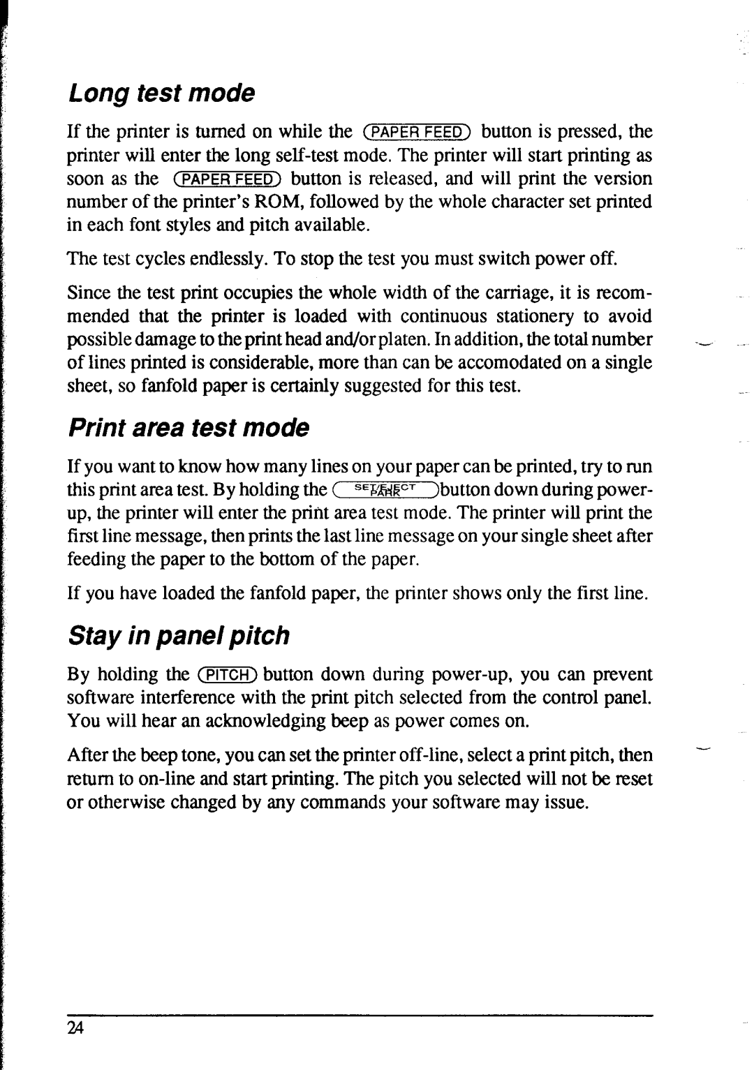 Star Micronics NX-2415 user manual Long test mode, Print area test mode, Stay in panel pitch 