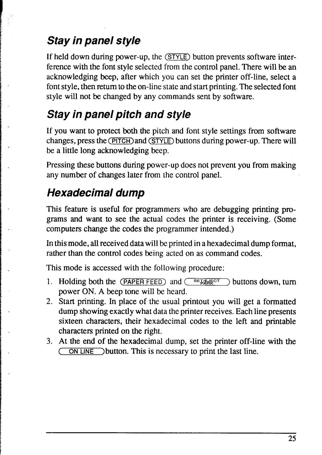 Star Micronics NX-2415 user manual Stay in panel style, Stay in panel pitch and style, Hexadecimal dump 