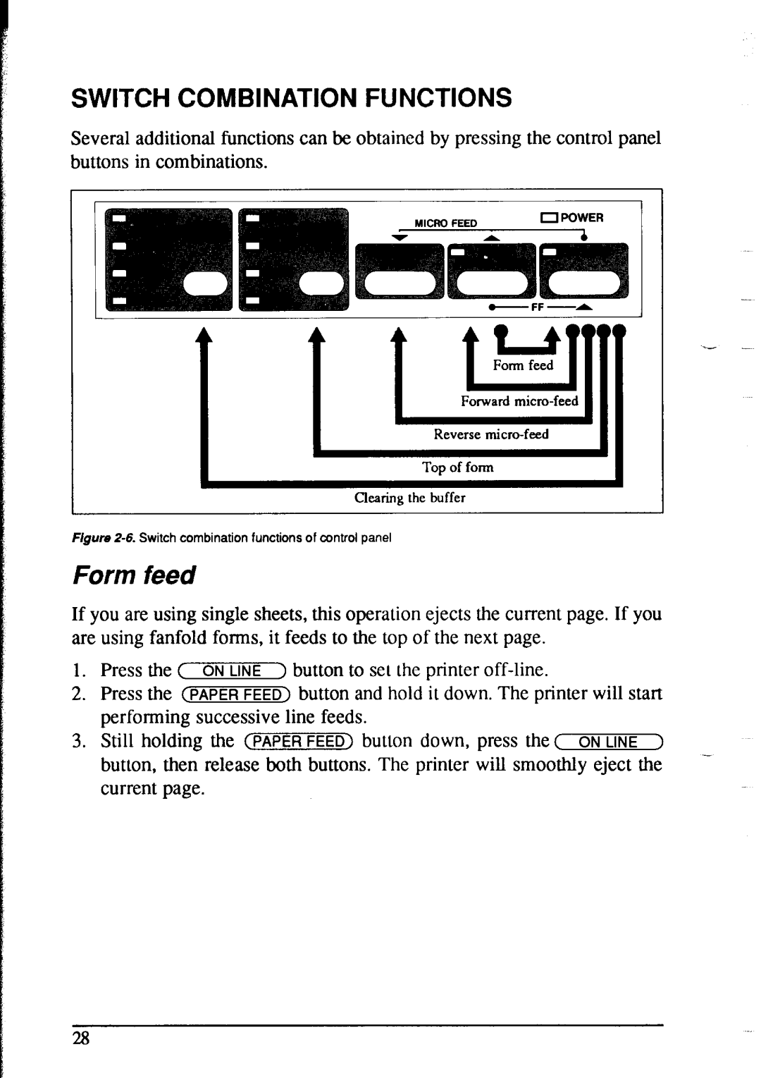 Star Micronics NX-2415 user manual Form feed, Switch Combination Functions 