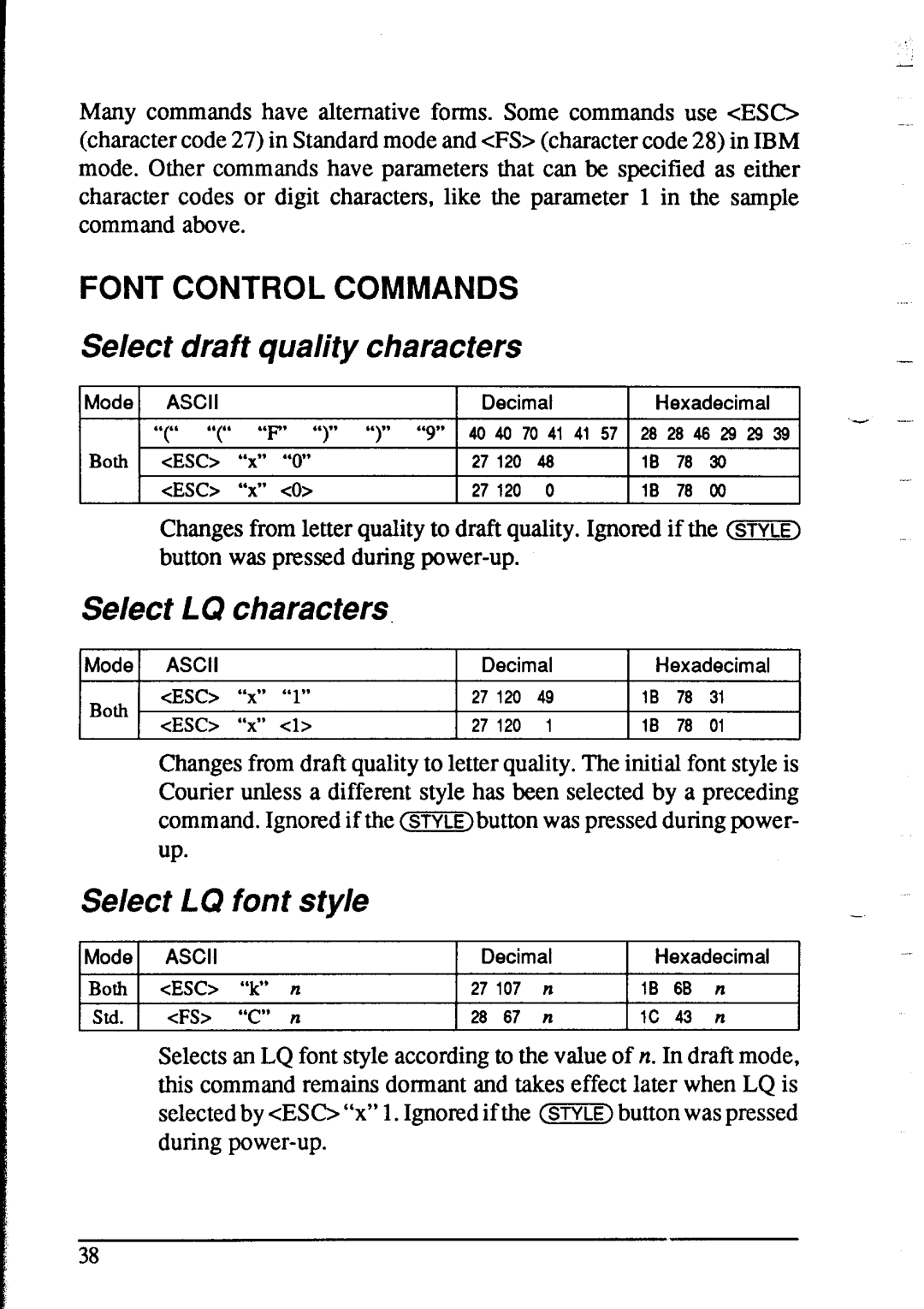 Star Micronics NX-2415 Select draft quality characters, Select LQ characters, Select LQ font style, Font Control Commands 