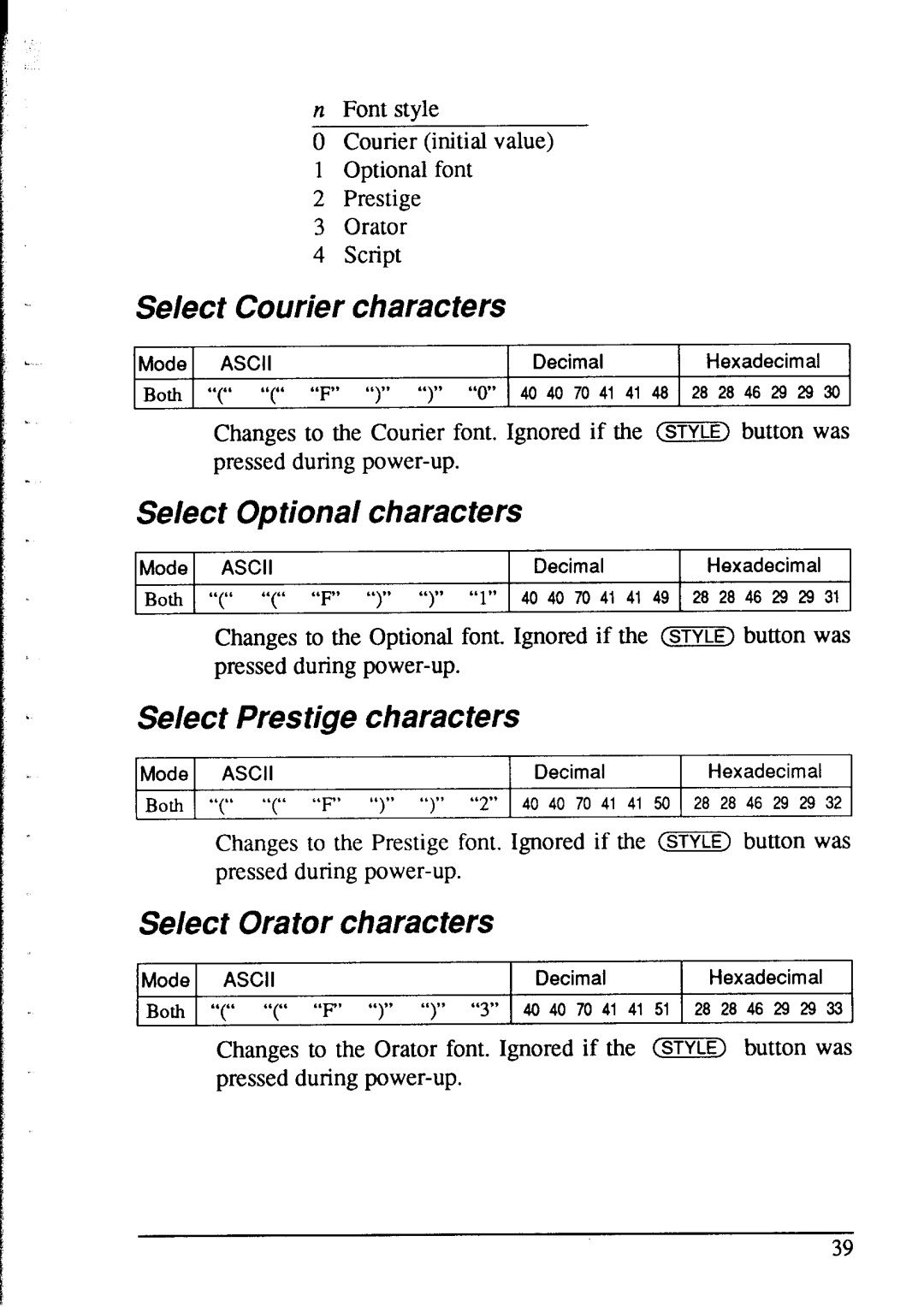 Star Micronics NX-2415 user manual Select Courier characters, Select Optional characters, Select Prestige characters 