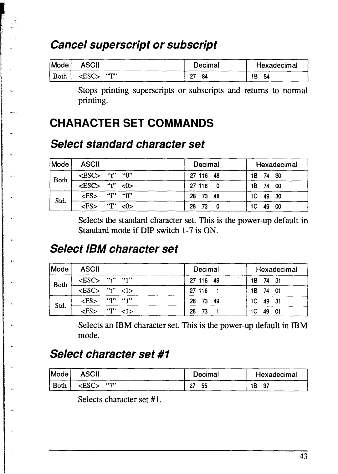 Star Micronics NX-2415 user manual Cancel superscript, Select standard character set, Select IBM character set 