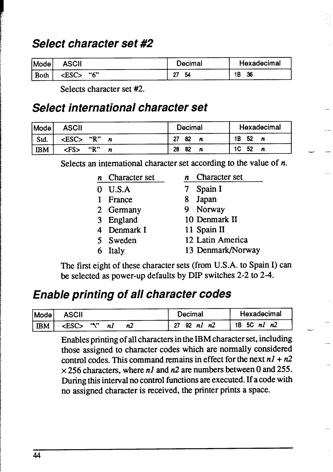 Star Micronics NX-2415 Select character set #2, Select international Character set, Enable printing of all character codes 