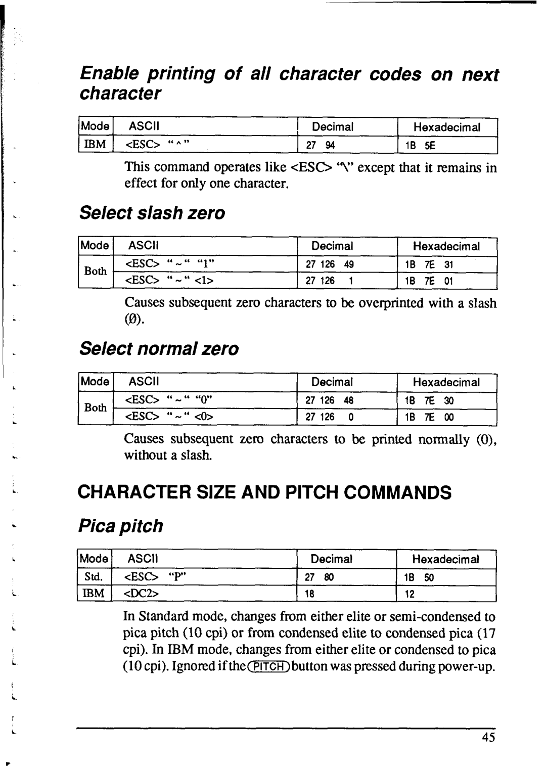 Star Micronics NX-2415 Enable printing of all character codes on next character, Select slash zero, Select normal zero 