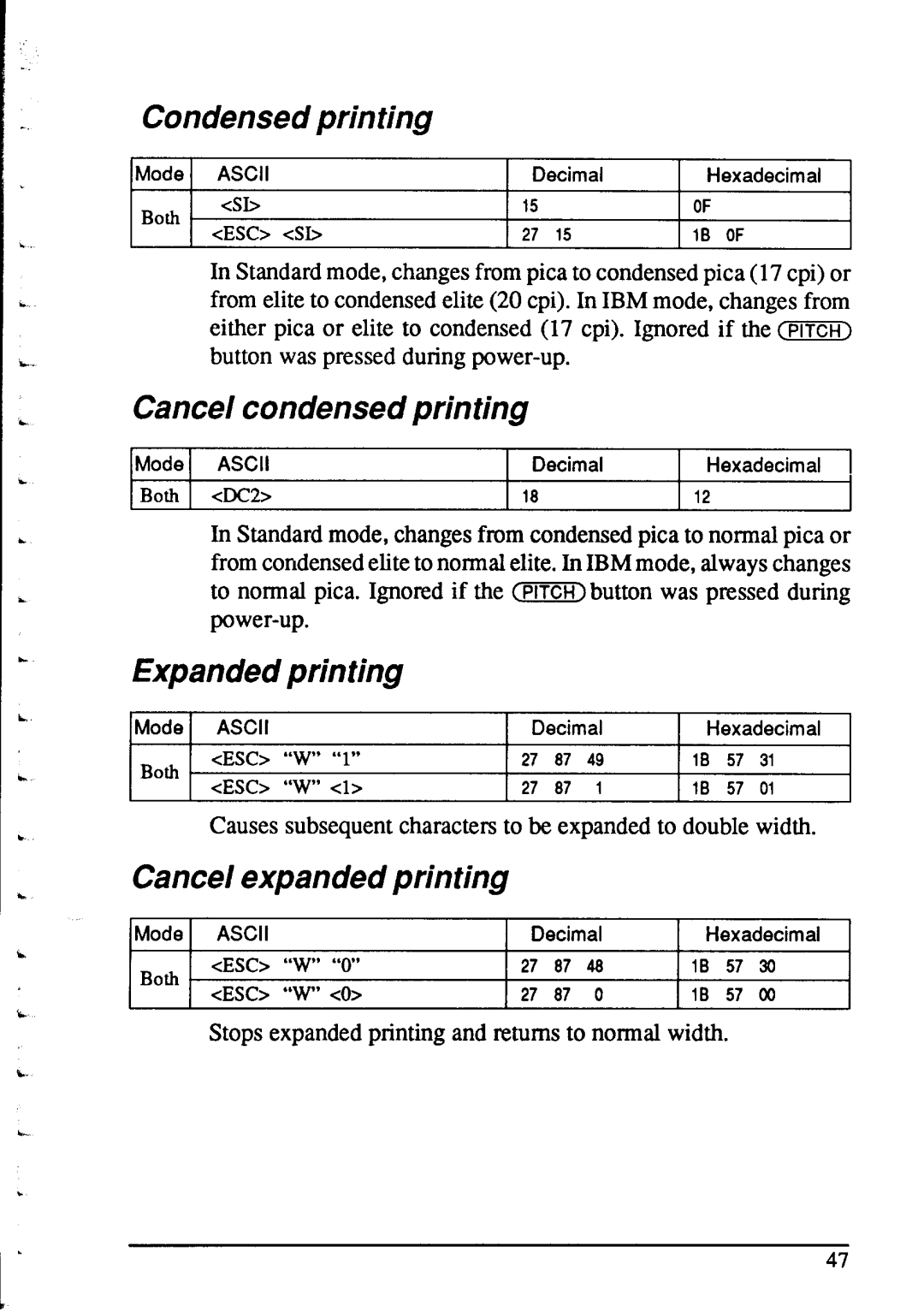 Star Micronics NX-2415 Condensed printing, Cancel condensed printing, Expanded printing, Cancel expanded printing 