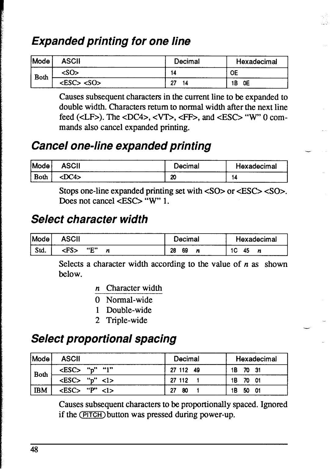 Star Micronics NX-2415 Expanded printing for one line, Cancel one-line expanded printing, Select character width 