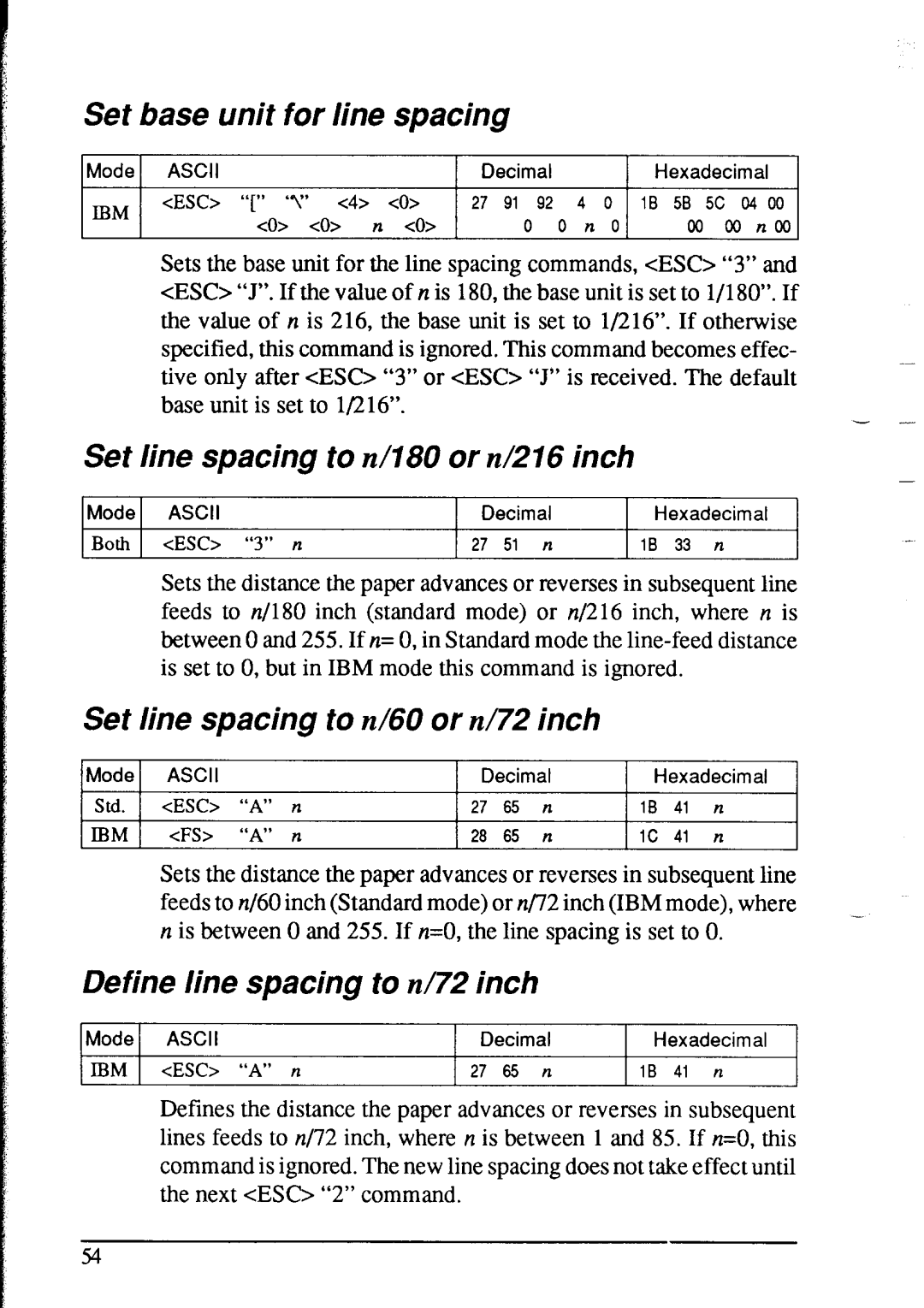 Star Micronics NX-2415 user manual Set base unit for line spacing, Set line spacing to n/180 or n/216 inch 