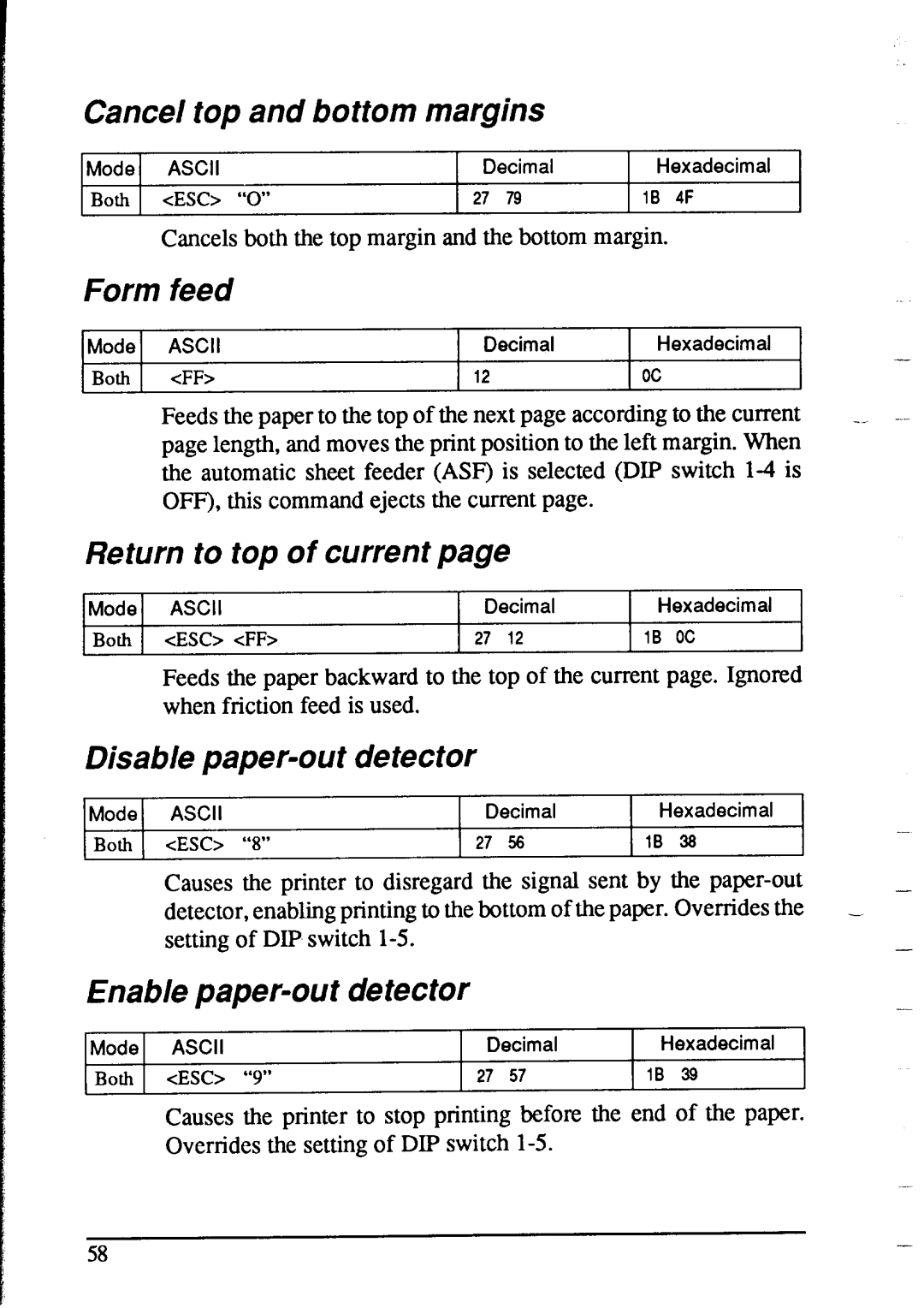 Star Micronics NX-2415 user manual Cancel top and bottom margins, Return to top of current, Disable paper-out detector 