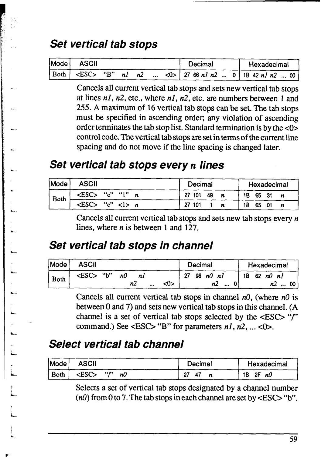 Star Micronics NX-2415 user manual Set vertical tab stops every n lines, Set vertical tab stops in channel 