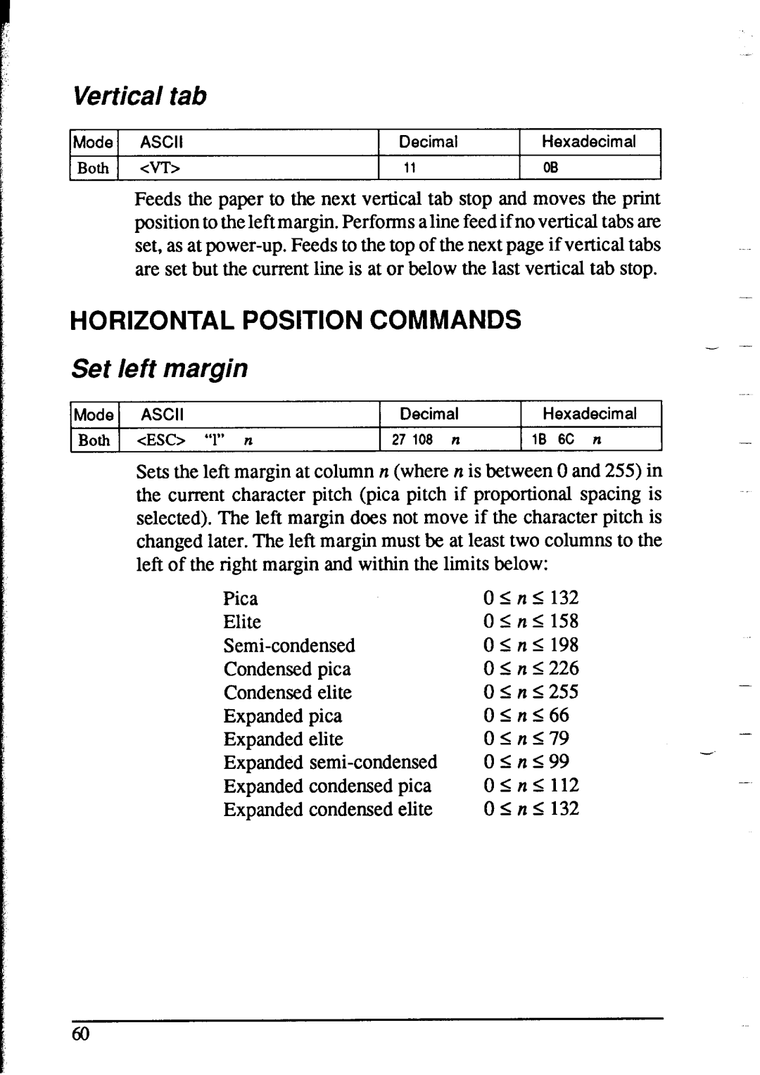 Star Micronics NX-2415 user manual Vertical tab, Set left margin 