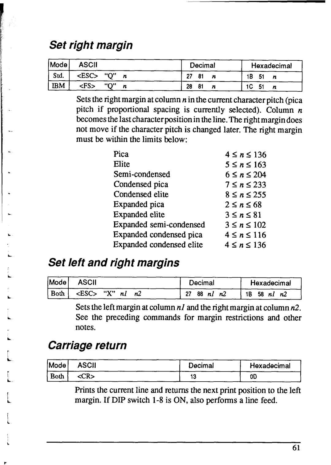 Star Micronics NX-2415 user manual Set right margin, Set left and right margins, Carriage return 