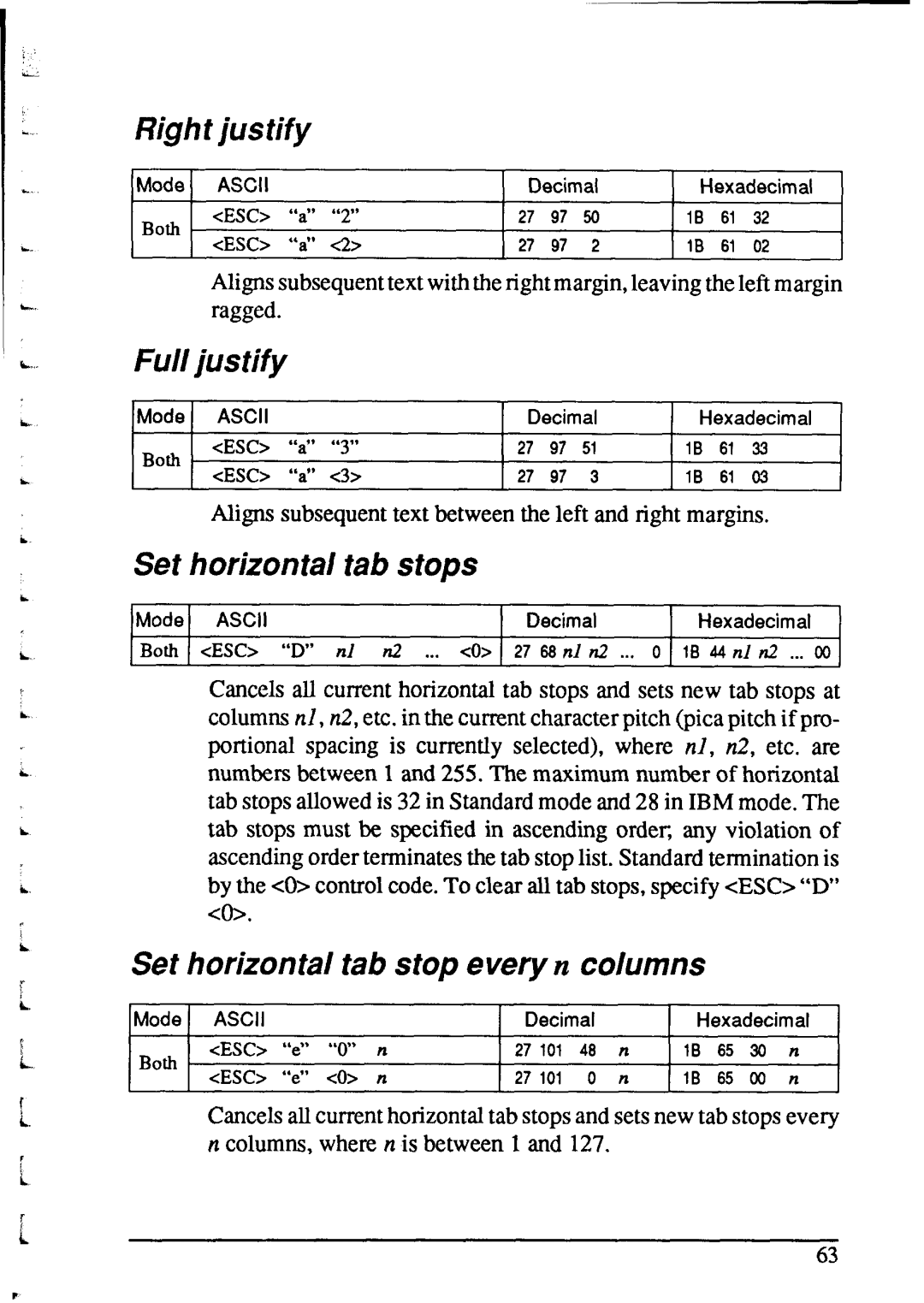 Star Micronics NX-2415 Right justify, Full justify, Set horizontal tab stops, Set horizontal tab stop everyn columns 