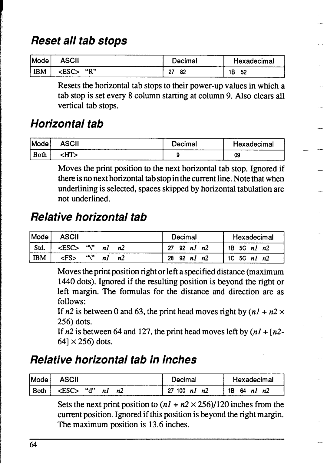 Star Micronics NX-2415 Reset all tab stops, Horizontal tab, Relative horizontal Tab, Relative horizontal tab in inches 