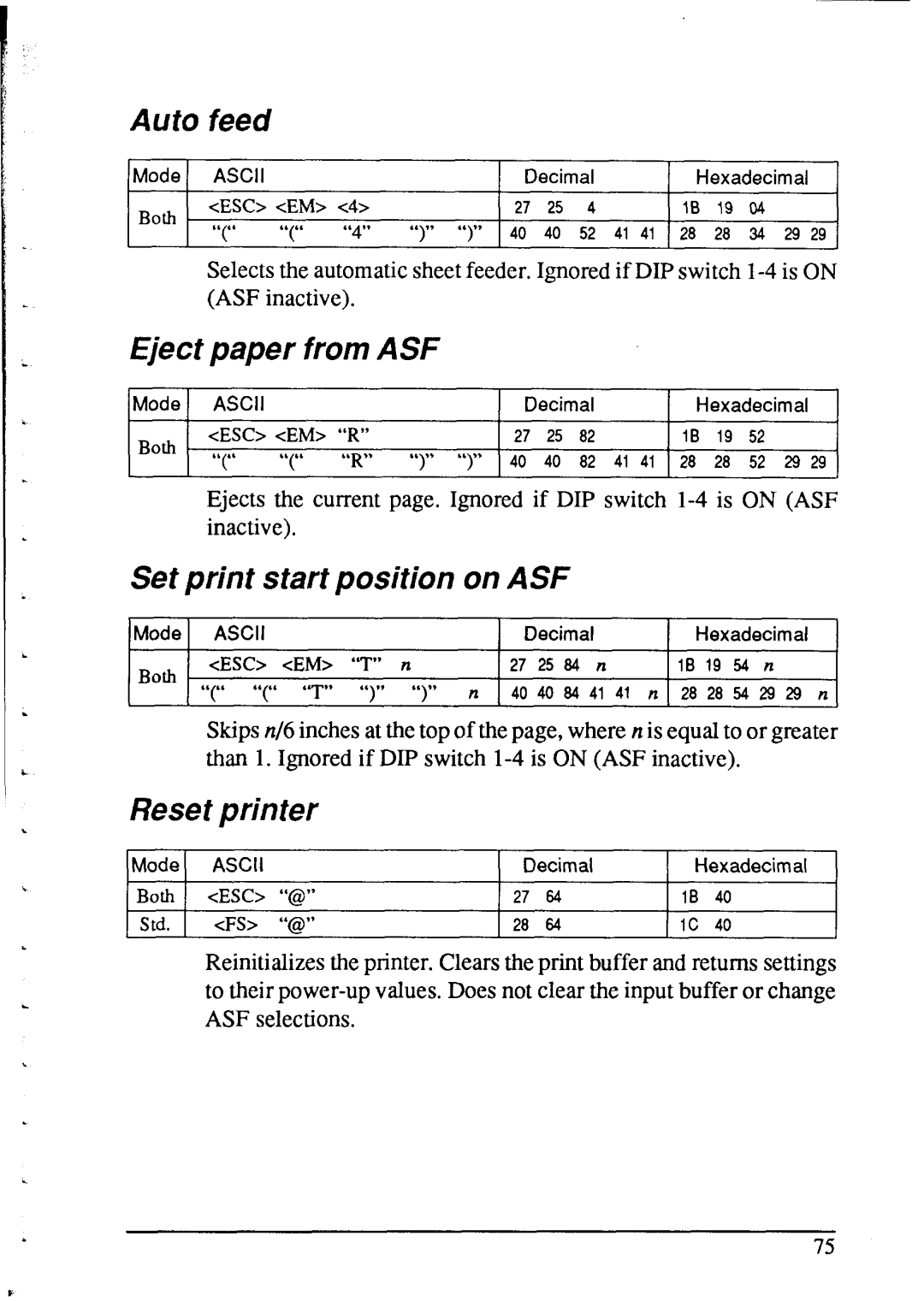 Star Micronics NX-2415 user manual Auto feed, Eject paper from ASF, Set print start position on ASF, Reset printer 