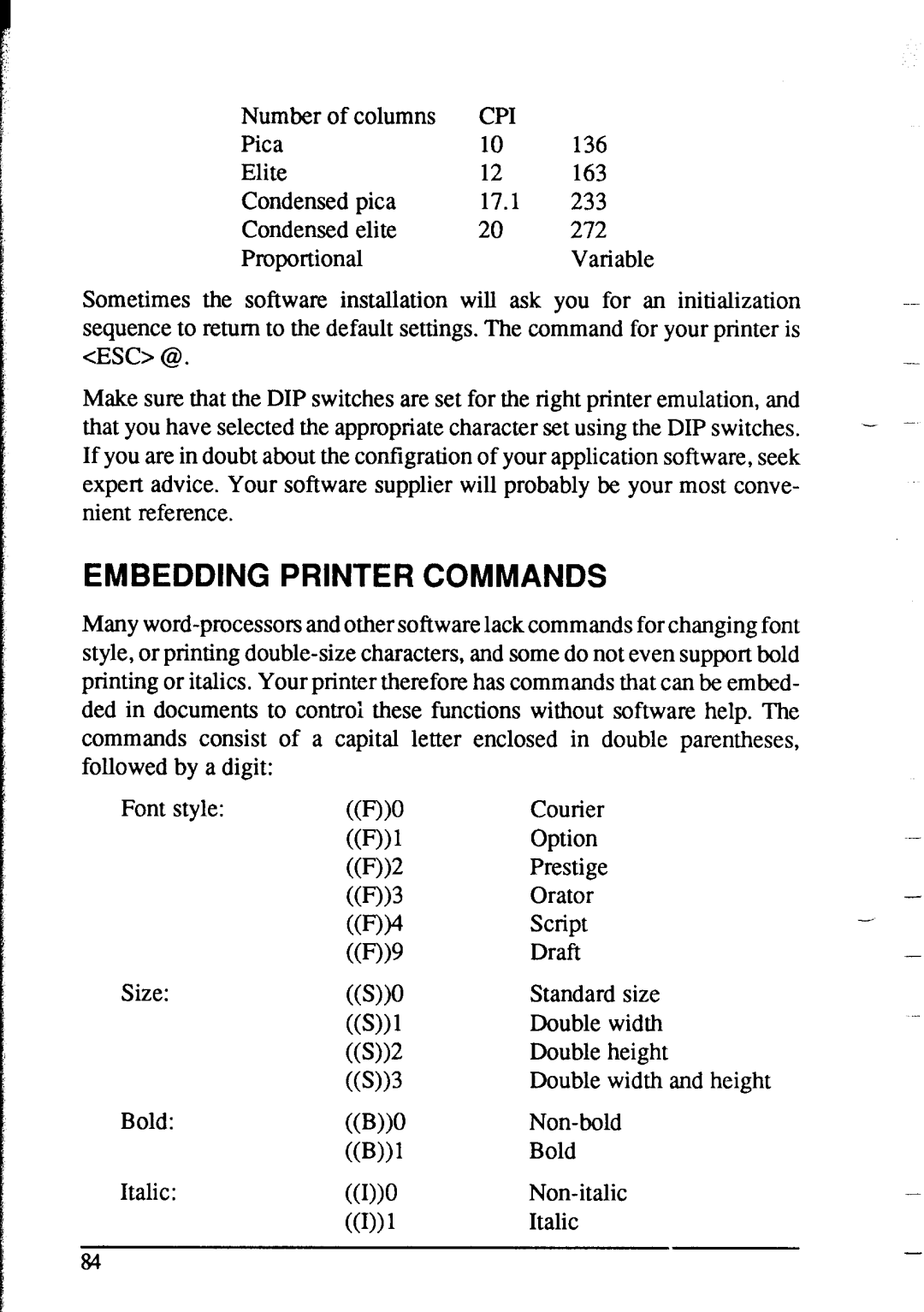 Star Micronics NX-2415 user manual Embedding Printer Commands, Cpi 