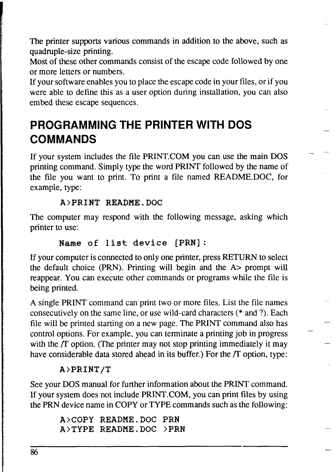 Star Micronics NX-2415 user manual Programming the Printer with DOS Commands, Aprint README.DOC 