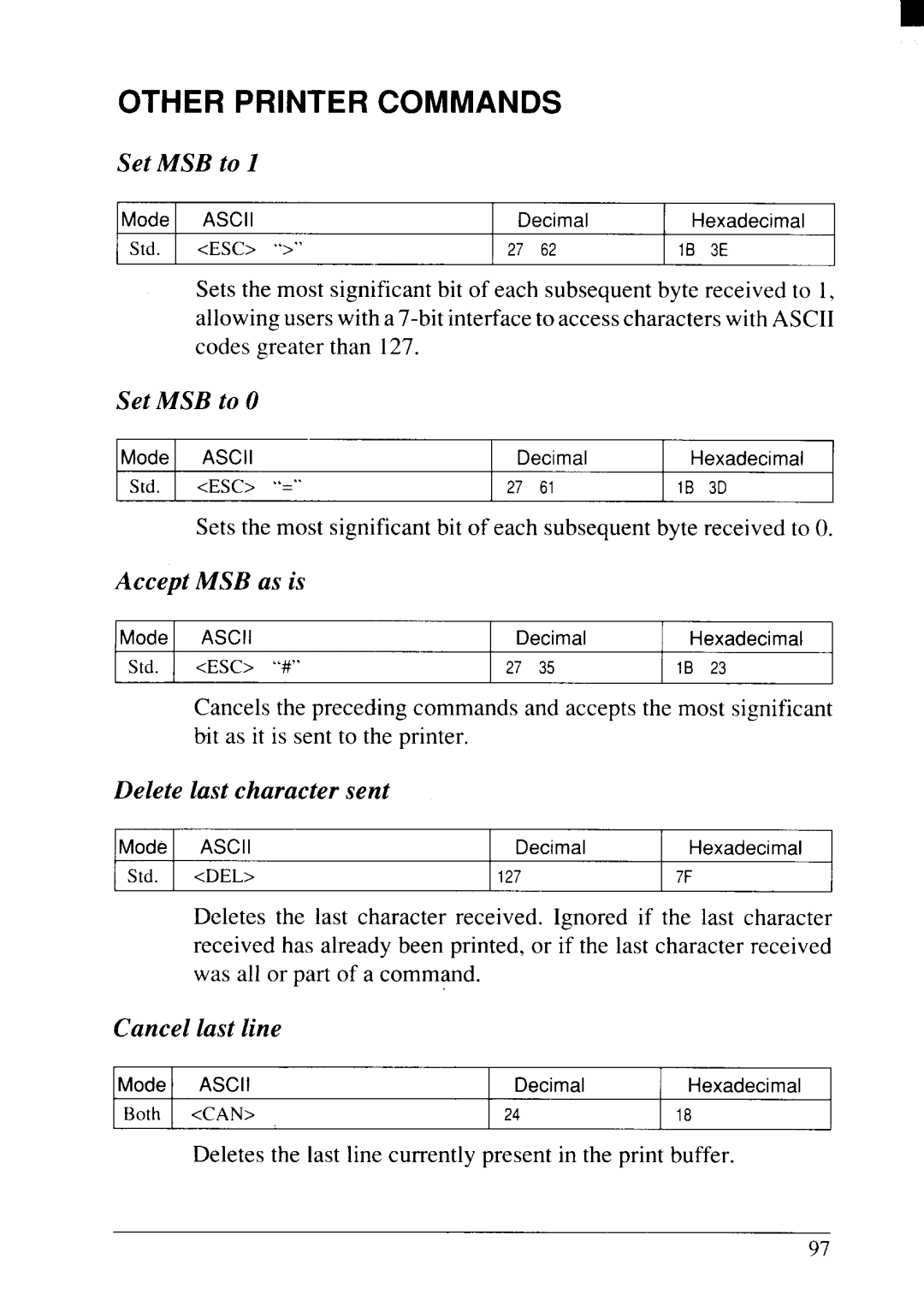 Star Micronics NX-2415II user manual Other Printer Commands, Set MSB to O, Accept MSB as is, Delete last character sent 