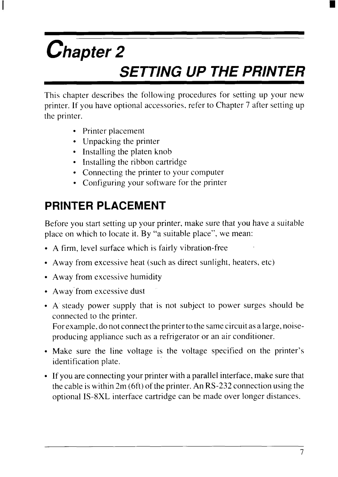 Star Micronics NX-2415II user manual Setting Up The Printer, PRtNTER PLACEMENT 
