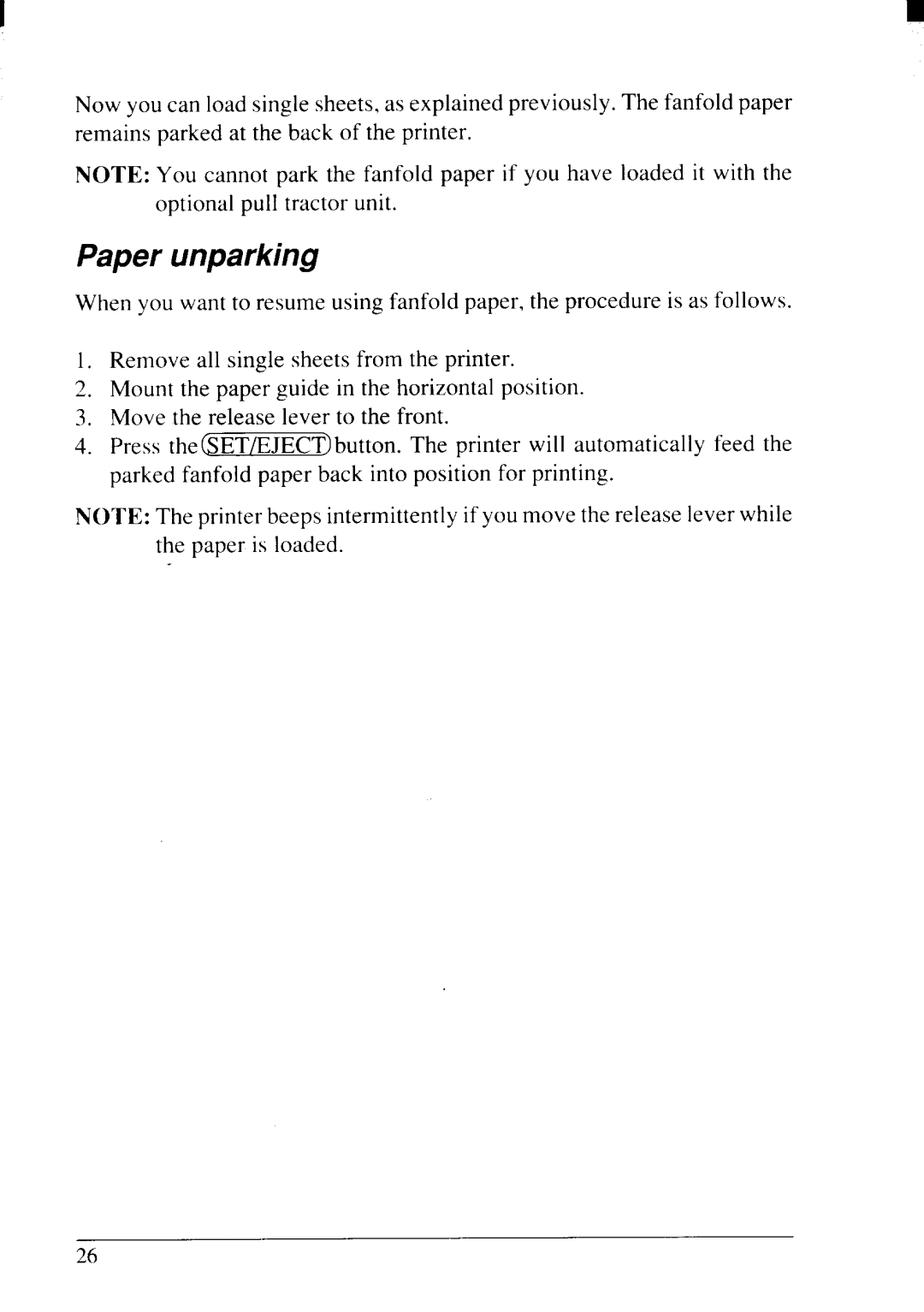 Star Micronics NX-2415II user manual Paper unparking 