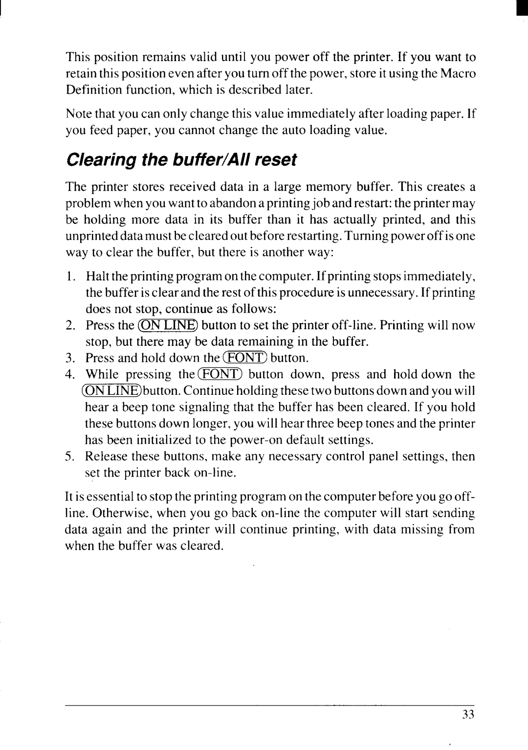Star Micronics NX-2415II user manual Clearing the buffer/All reset 