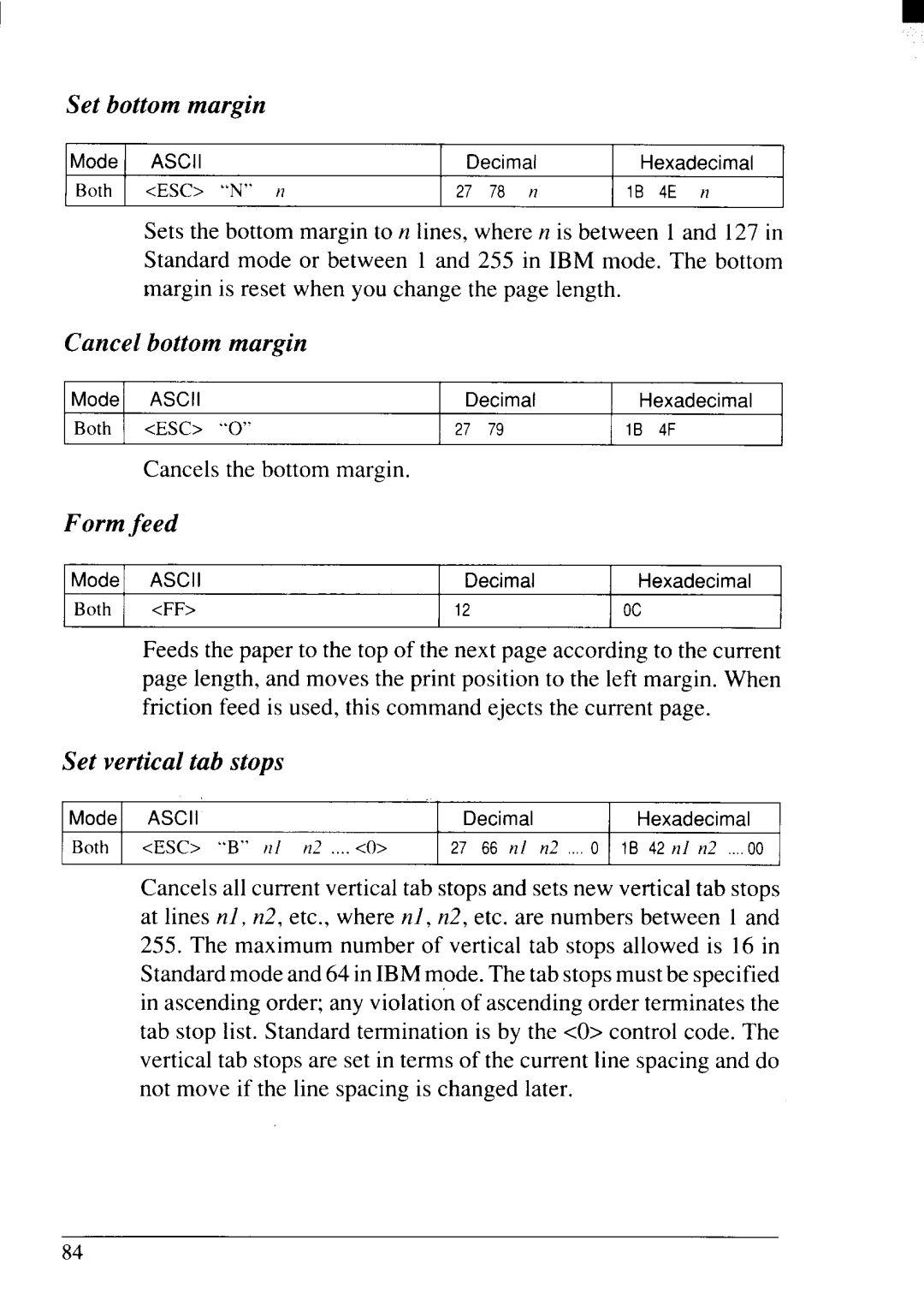 Star Micronics NX-2415II user manual Set bottom margin, Cancel bottom margin, Form feed, Set vertical tab stops 